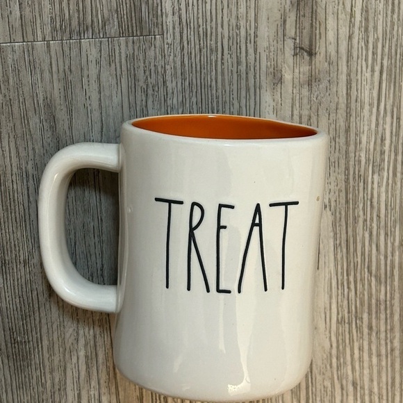 RAE DUNN two sided TRICK TREAT coffee beverage mug cup with orange inside. - Picture 3 of 7